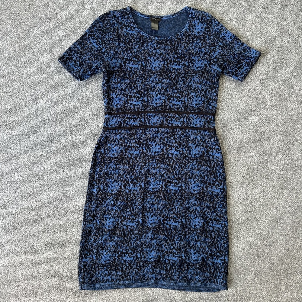 Ann Taylor Dress Womens 4 Blueβ Knit Sheath Short Sleeve Geometric Work Office